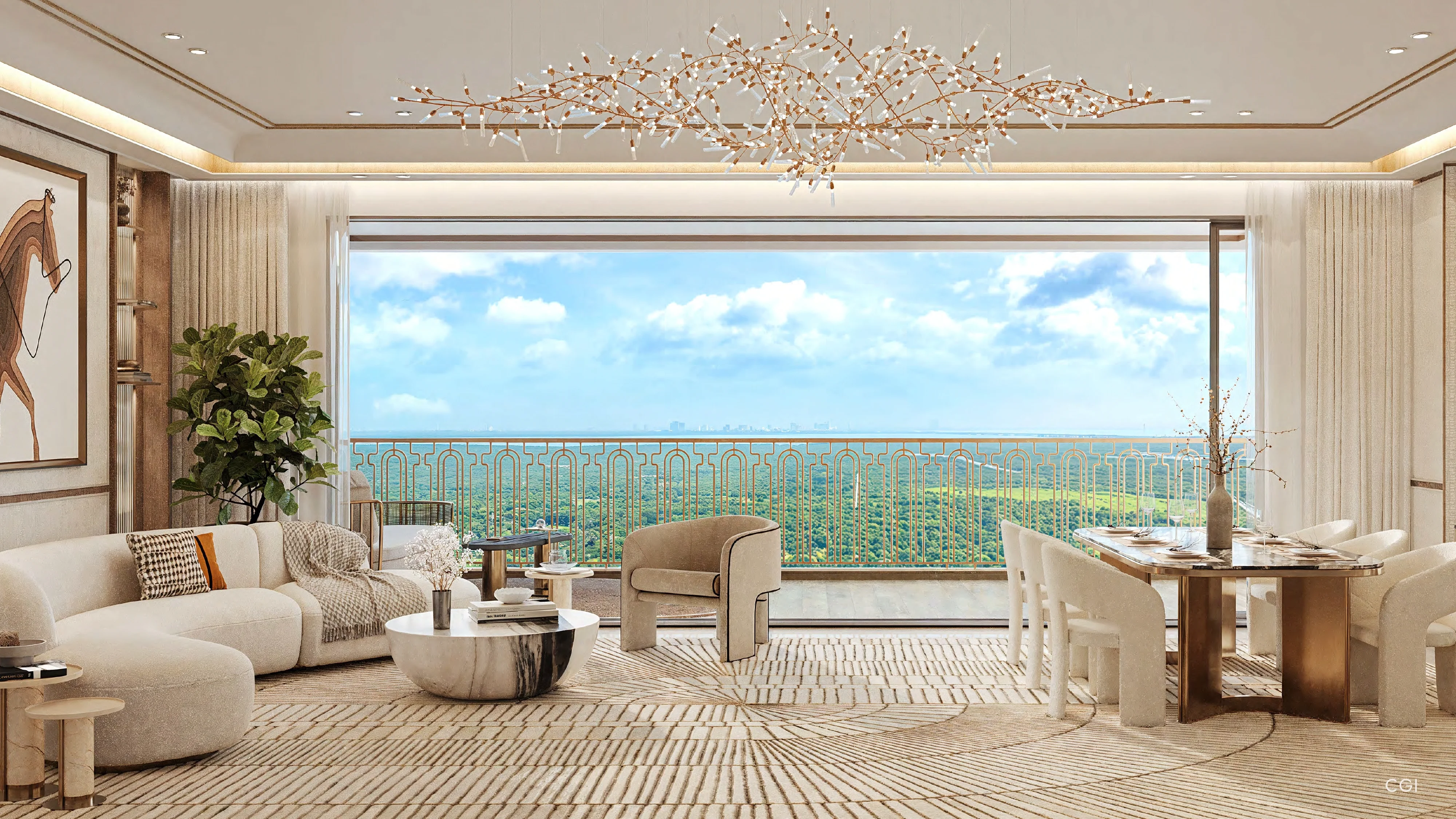 Living and dining interior opening to forest view